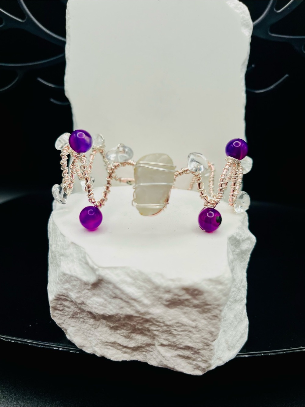 Handmade Rose Gold Wire Wrapped Milky Quartz Bracelet with Amethyst and Crystal